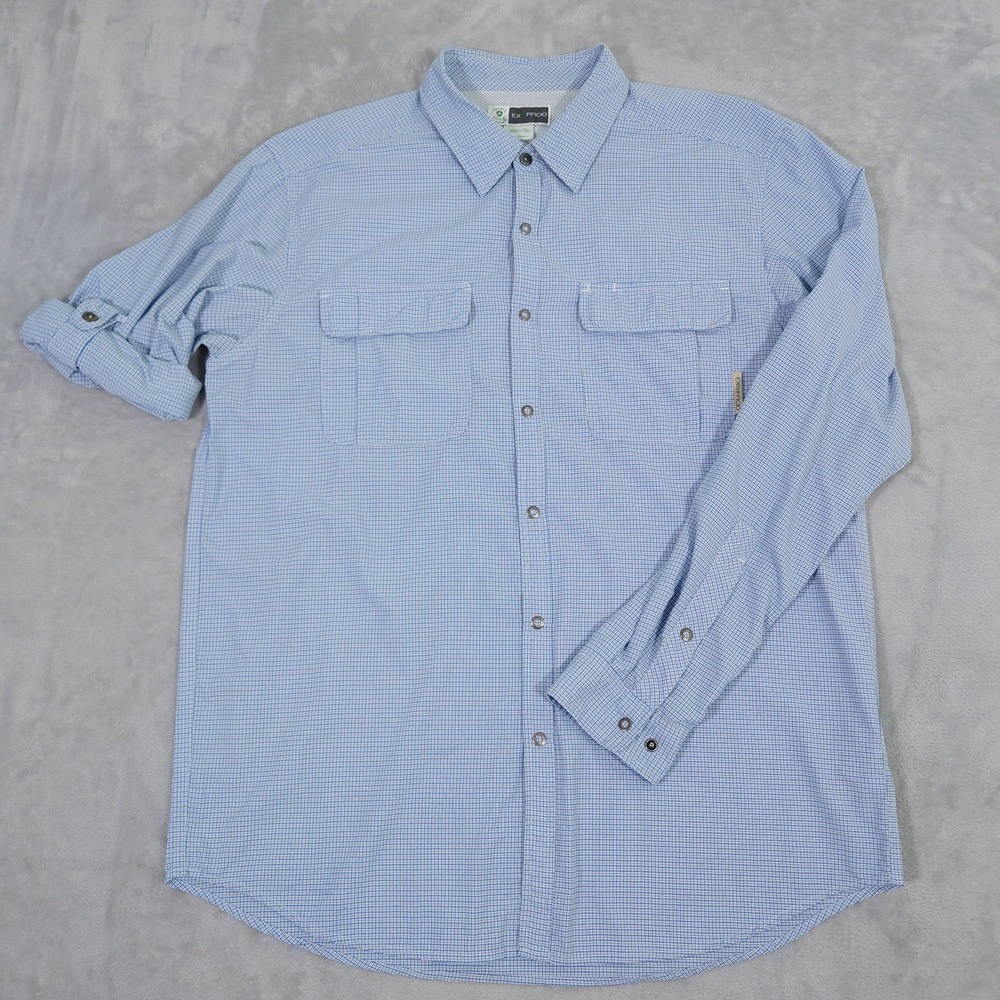 ExOfficio Insect Shield Shirt Mens Large Blue Plaid Snap Up Vented Nylon Travel